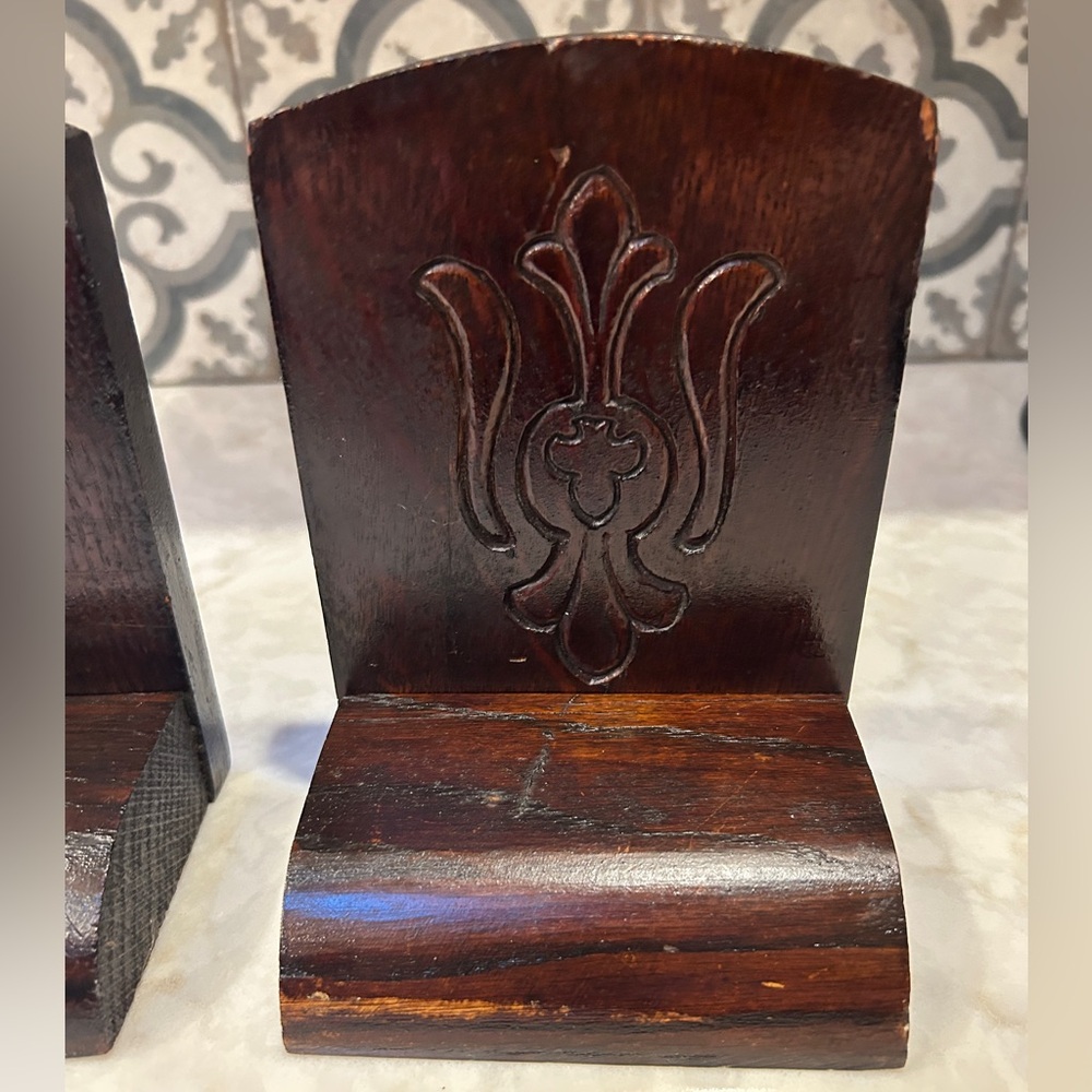 Vintage 1970s Solid Wood Engraved Bookends-Two Piece Set